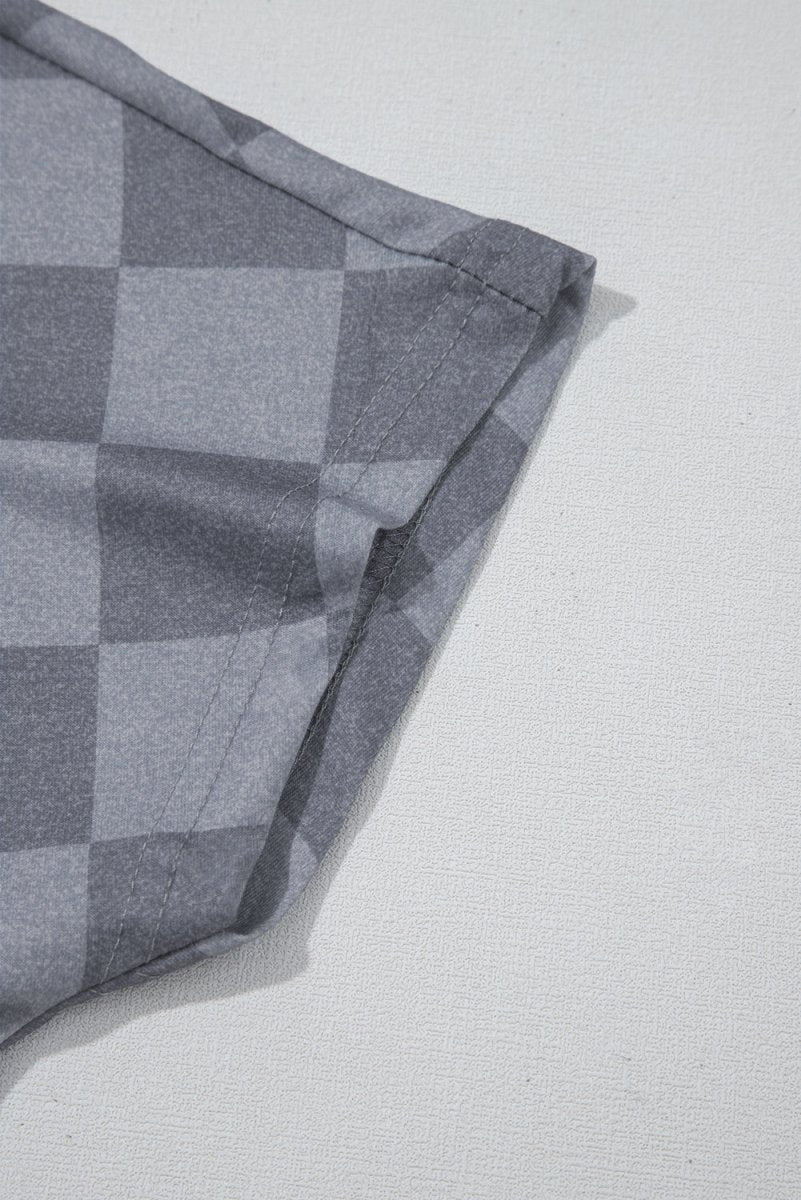 Gray Checkered V Neck Tee Drawstring Shorts Lounge Set for Women - Love Salve