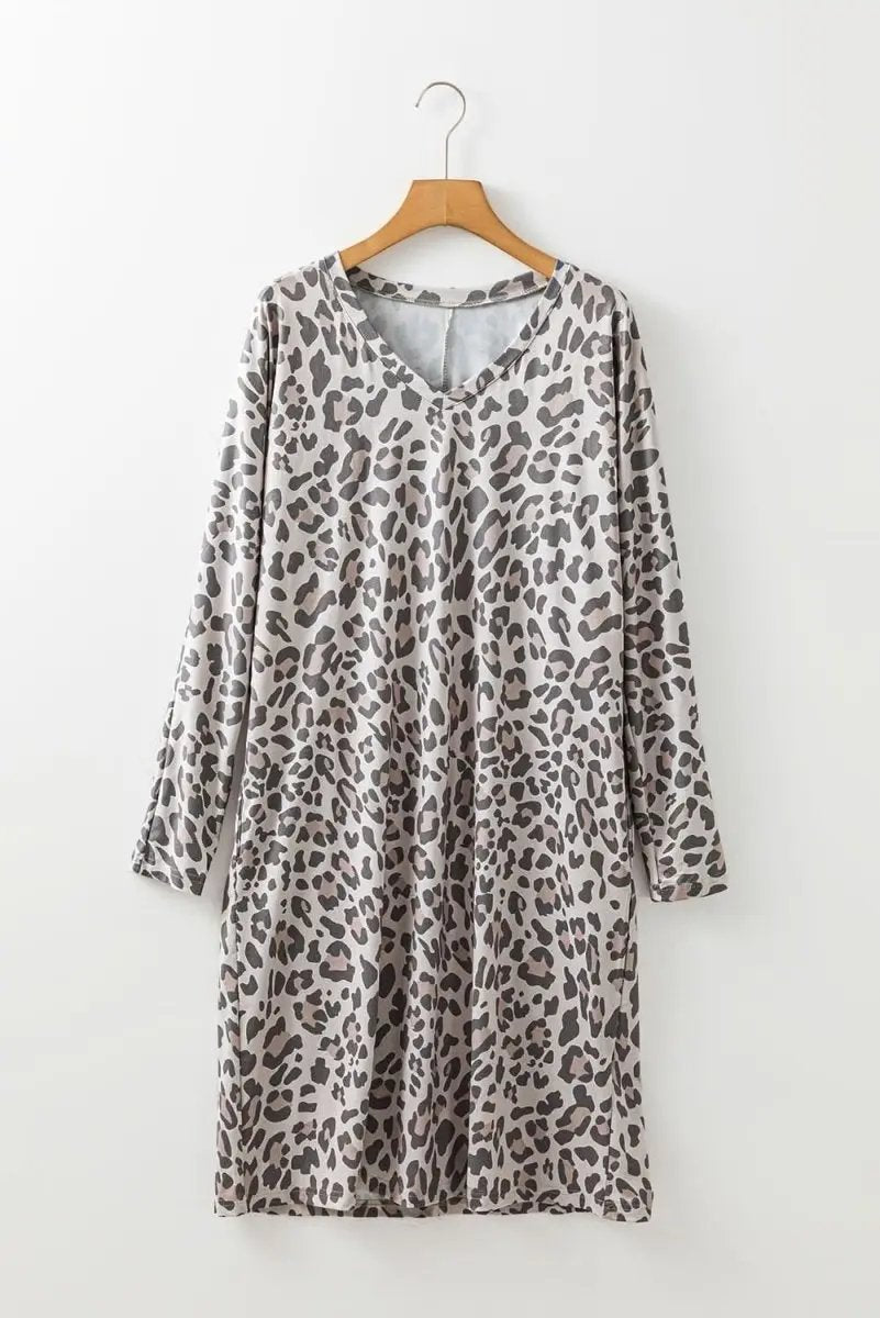 Gray Leopard Print V Neck Loose Fit Mini Dress - Love Salve 
