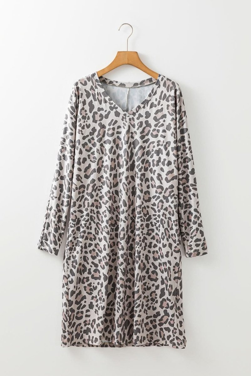 Gray Leopard Print V Neck Loose Fit Mini Dress - Love Salve 