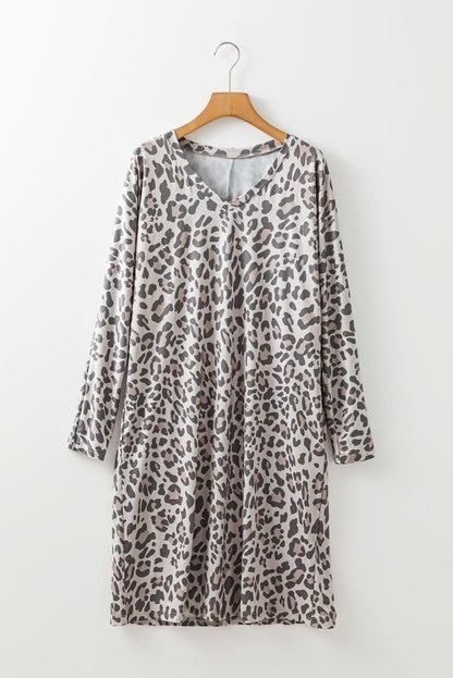 Gray Leopard Print V Neck Loose Fit Mini Dress - Love Salve 