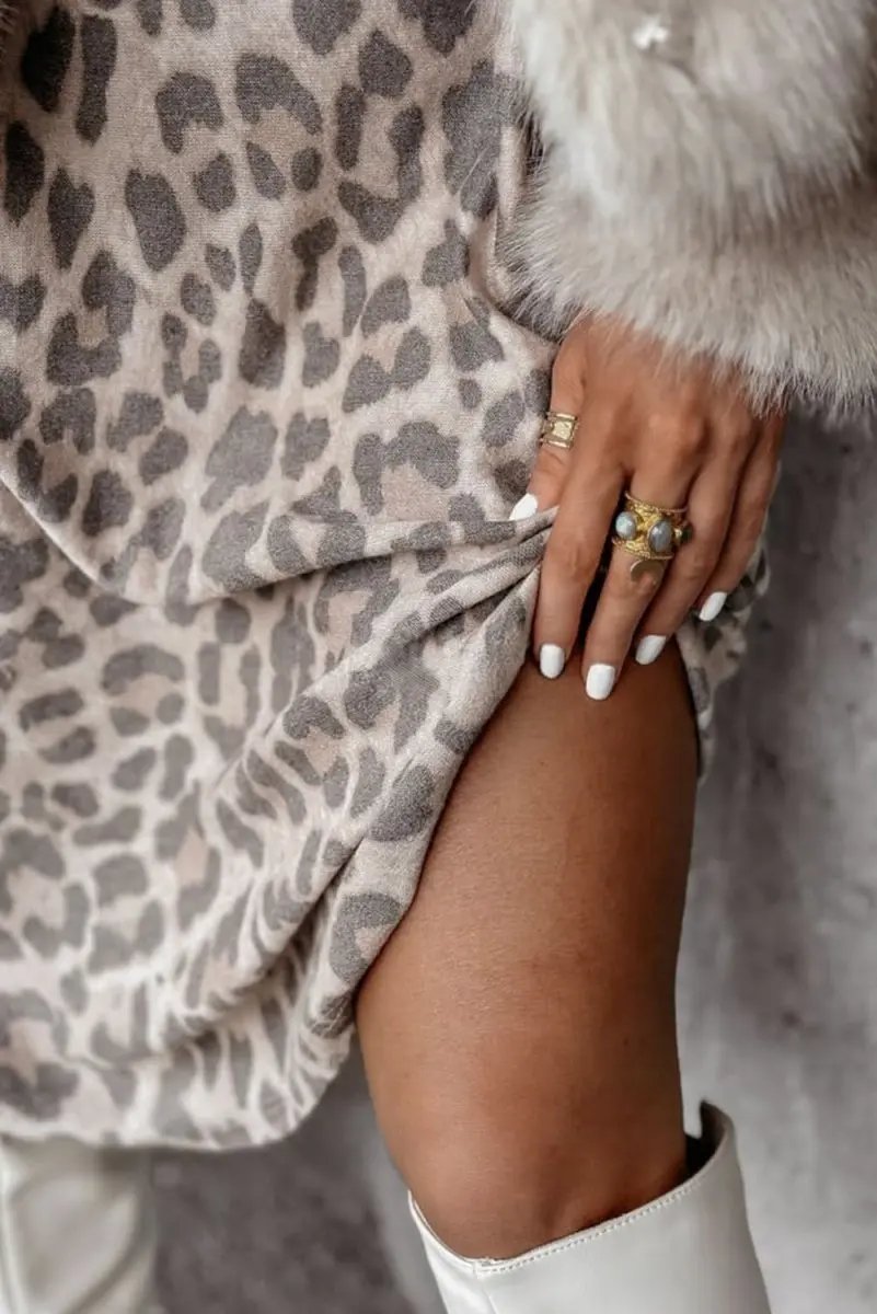 Gray Leopard Print V Neck Loose Fit Mini Dress - Love Salve 