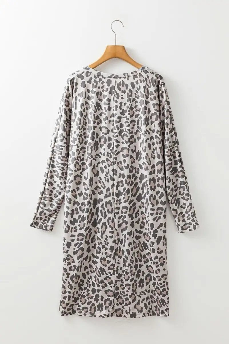 Gray Leopard Print V Neck Loose Fit Mini Dress - Love Salve 
