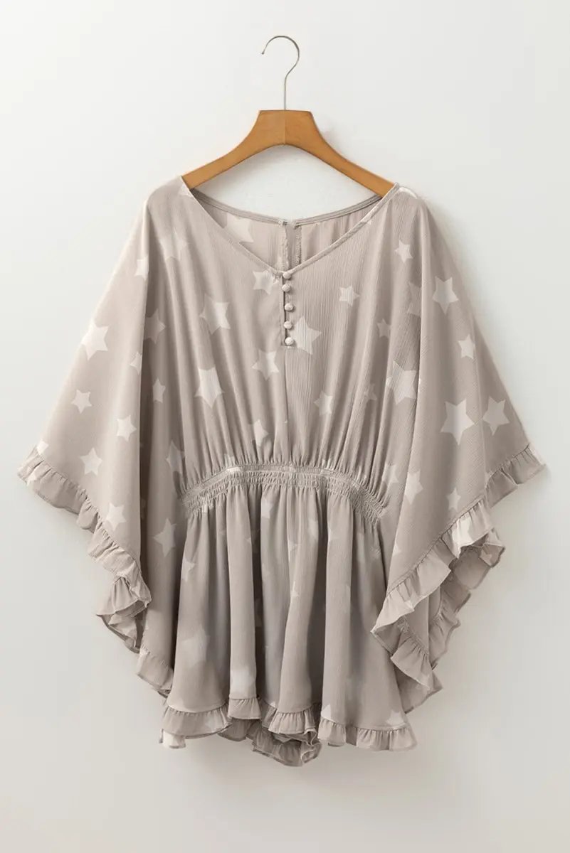 Gray Star Print Crinkle Textured Kimono Ruffle Sleeve Romper - Love Salve 