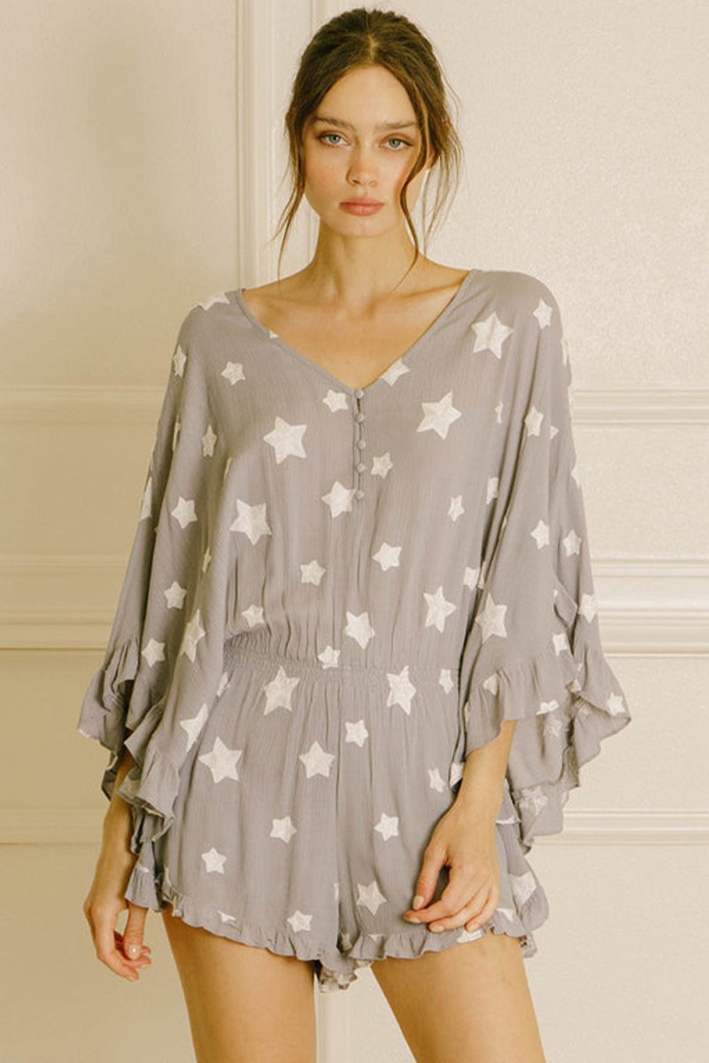 Gray Star Print Crinkle Textured Kimono Ruffle Sleeve Romper - Love Salve