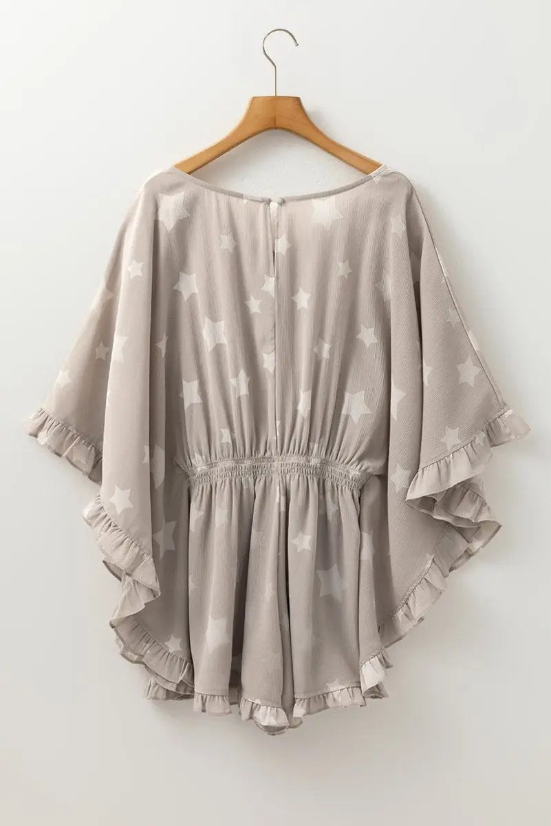 Gray Star Print Crinkle Textured Kimono Ruffle Sleeve Romper - Love Salve 