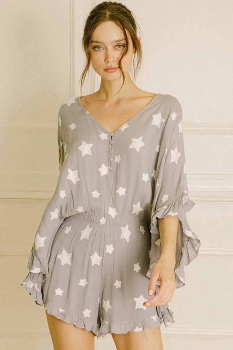 Gray Star Print Crinkle Textured Kimono Ruffle Sleeve Romper - Love Salve 