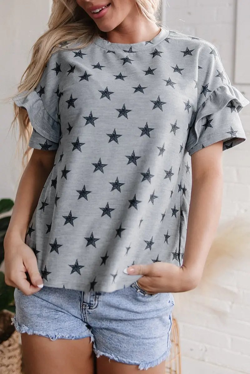 Gray Star Print Tiered Ruffled Sleeve Crew Neck T Shirt - Love Salve 