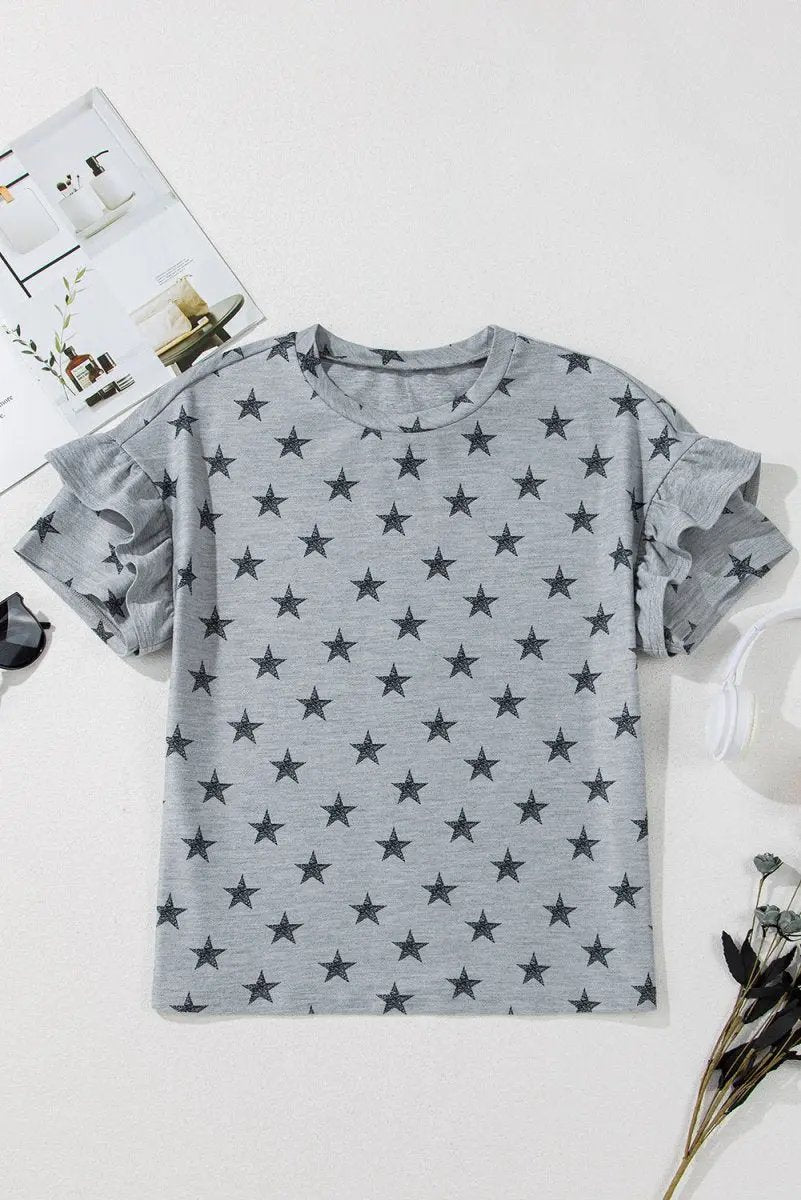 Gray Star Print Tiered Ruffled Sleeve Crew Neck T Shirt - Love Salve 