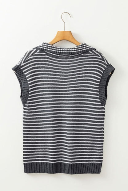 Gray Stripe Collared V Neck Sweater Vest with Pockets - Love Salve 