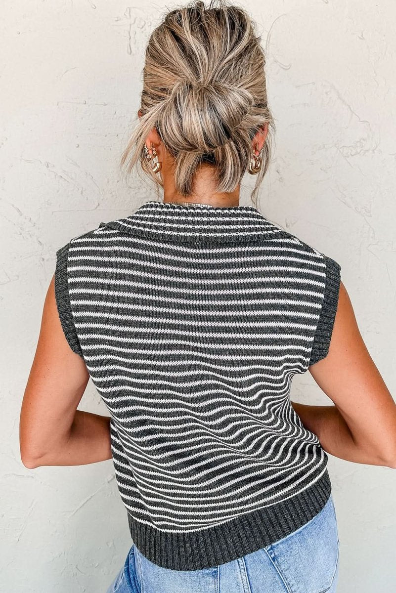 Gray Stripe Collared V Neck Sweater Vest with Pockets - Love Salve 