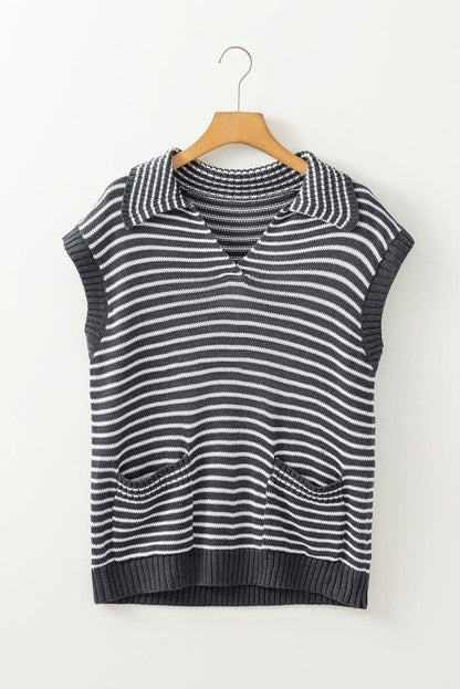 Gray Stripe Collared V Neck Sweater Vest with Pockets - Love Salve 
