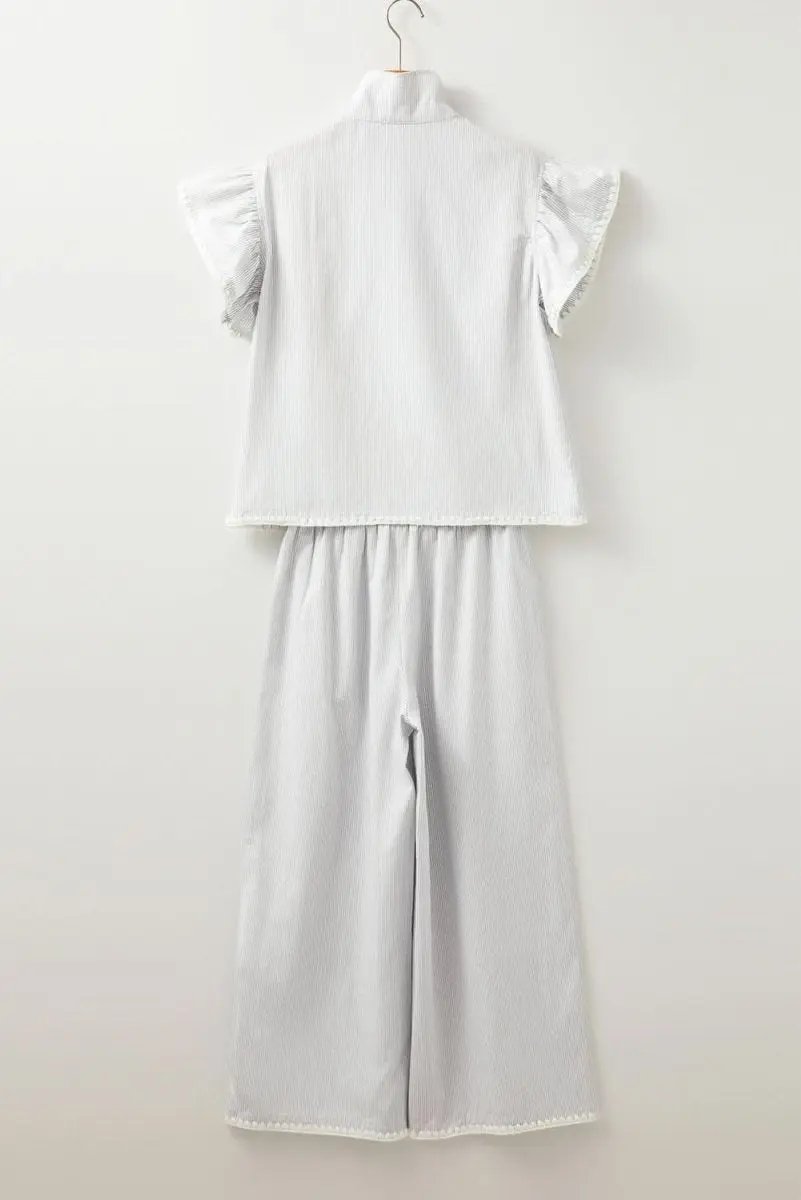 Gray Striped Short Sleeve Zipped Collar Top & Wide Leg Pants Set - Love Salve 