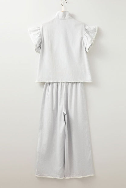 Gray Striped Short Sleeve Zipped Collar Top & Wide Leg Pants Set - Love Salve 
