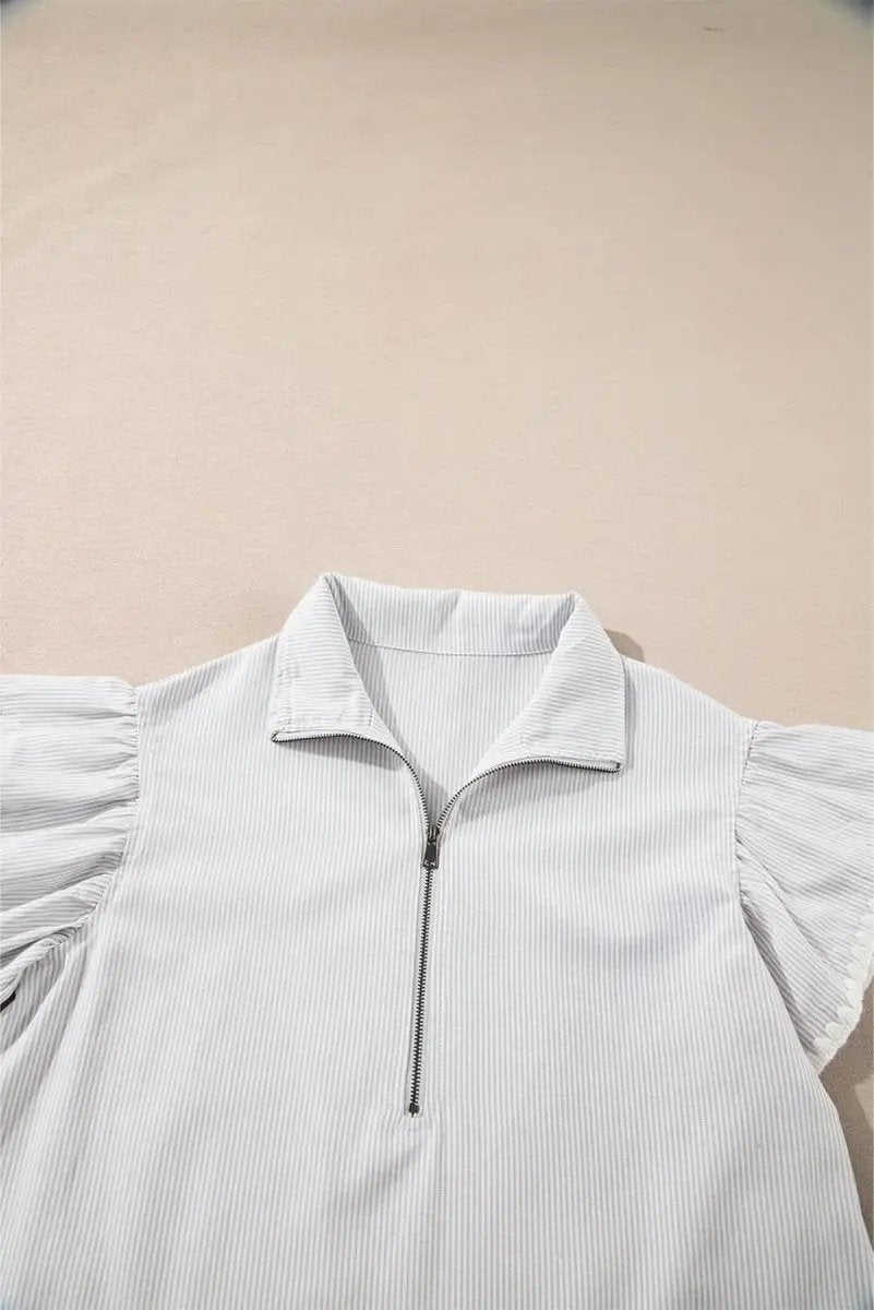 Gray Striped Short Sleeve Zipped Collar Top & Wide Leg Pants Set - Love Salve 