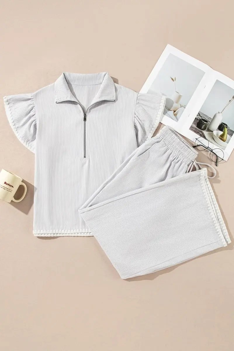 Gray Striped Short Sleeve Zipped Collar Top & Wide Leg Pants Set - Love Salve 