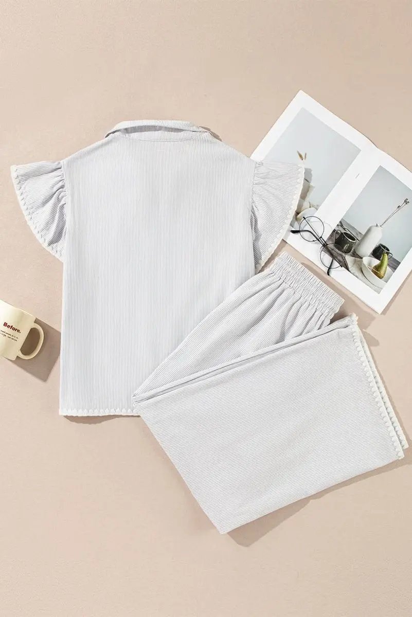 Gray Striped Short Sleeve Zipped Collar Top & Wide Leg Pants Set - Love Salve 