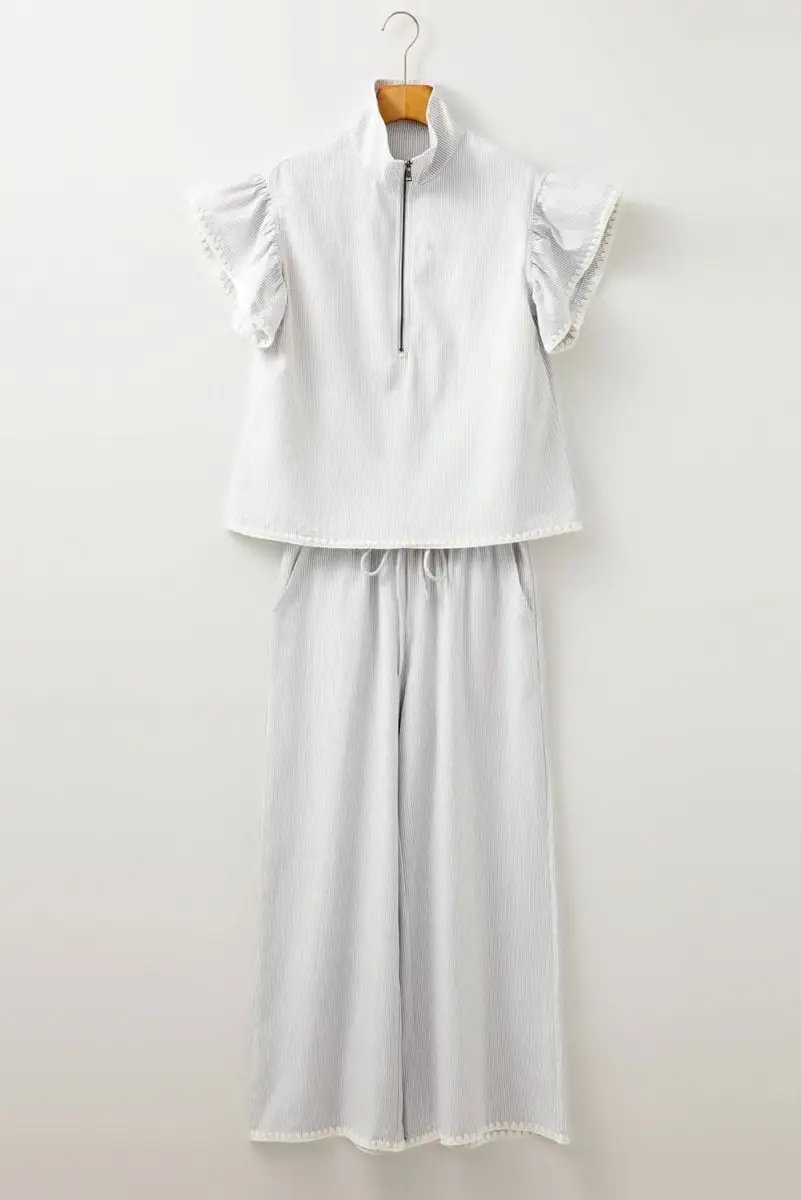 Gray Striped Short Sleeve Zipped Collar Top & Wide Leg Pants Set - Love Salve 