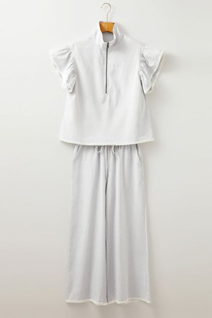 Gray Striped Short Sleeve Zipped Collar Top & Wide Leg Pants Set - Love Salve 