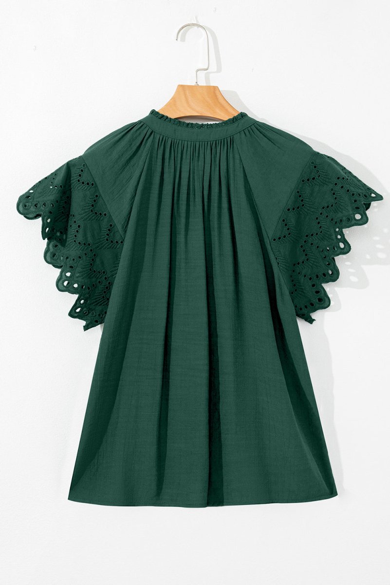 Green Bay Eyelet Embroidered Sleeve Tie V Neck Blouse - Love Salve 