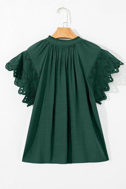 Green Bay Eyelet Embroidered Sleeve Tie V Neck Blouse - Love Salve 
