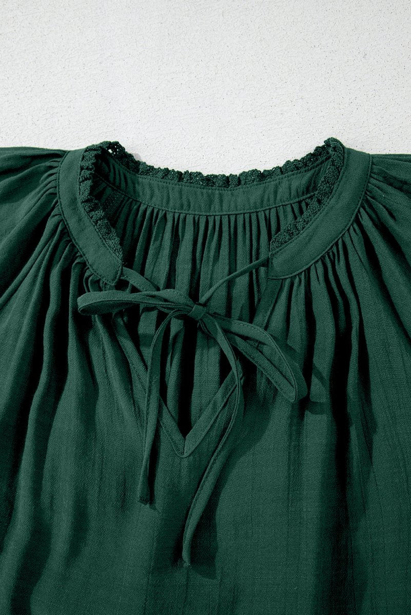 Green Bay Eyelet Embroidered Sleeve Tie V Neck Blouse - Love Salve 