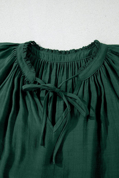 Green Bay Eyelet Embroidered Sleeve Tie V Neck Blouse - Love Salve 