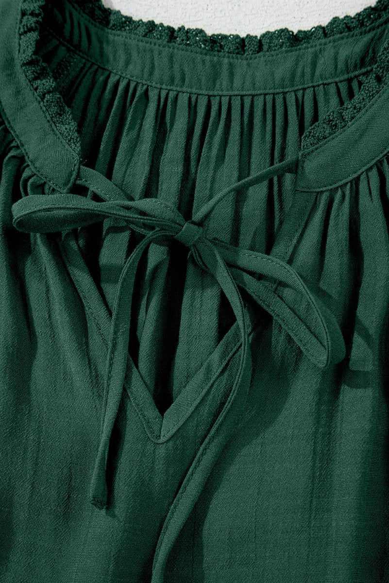 Green Bay Eyelet Embroidered Sleeve Tie V Neck Blouse - Love Salve 