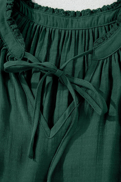 Green Bay Eyelet Embroidered Sleeve Tie V Neck Blouse - Love Salve 