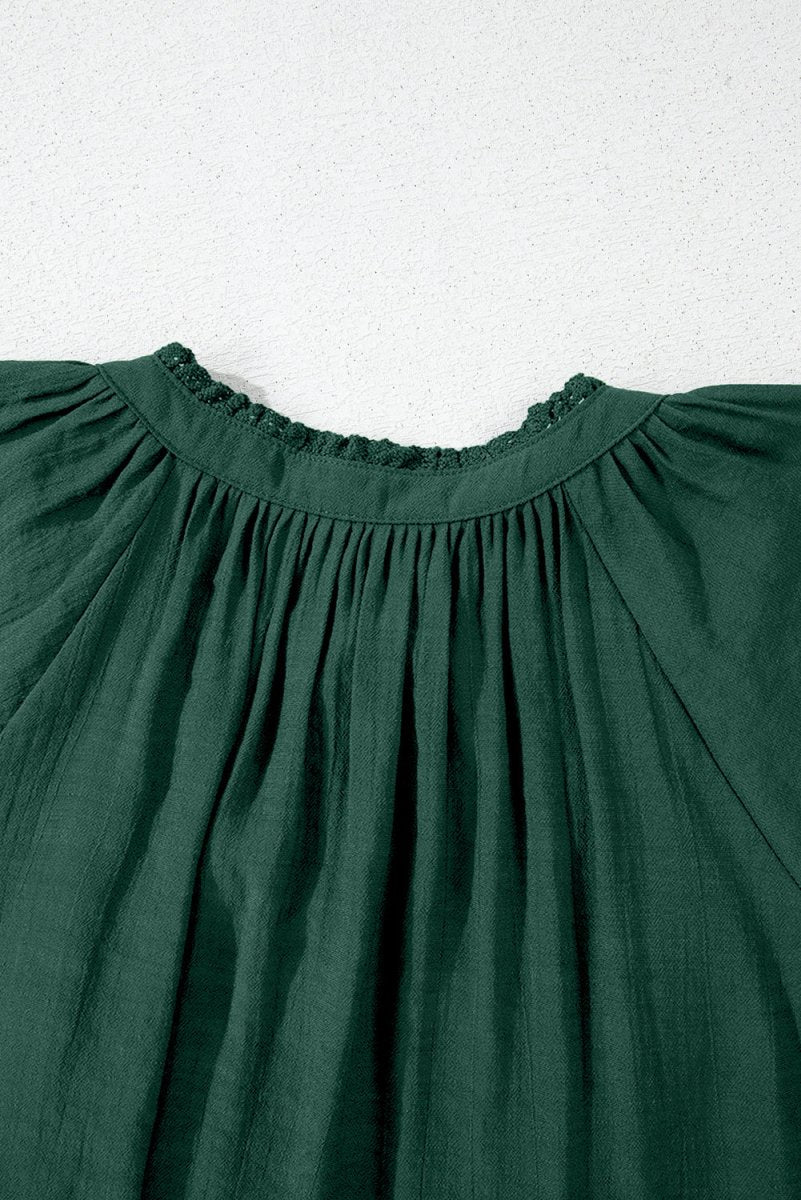 Green Bay Eyelet Embroidered Sleeve Tie V Neck Blouse - Love Salve 