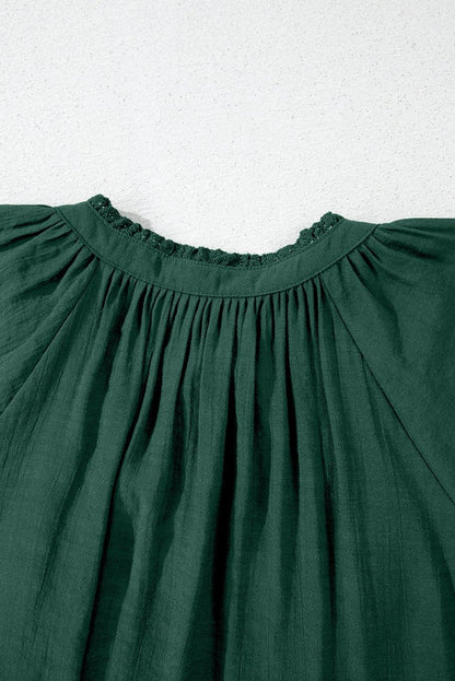 Green Bay Eyelet Embroidered Sleeve Tie V Neck Blouse - Love Salve 