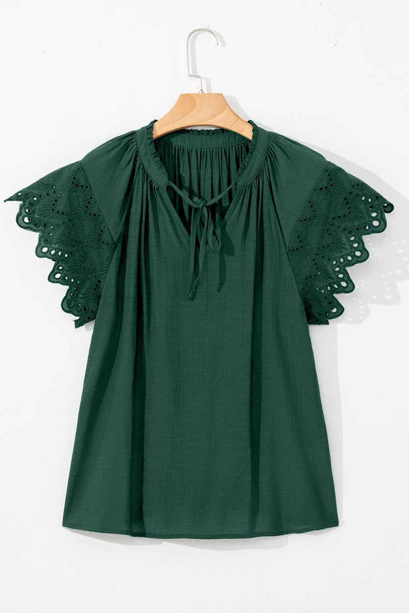 Green Bay Eyelet Embroidered Sleeve Tie V Neck Blouse - Love Salve 