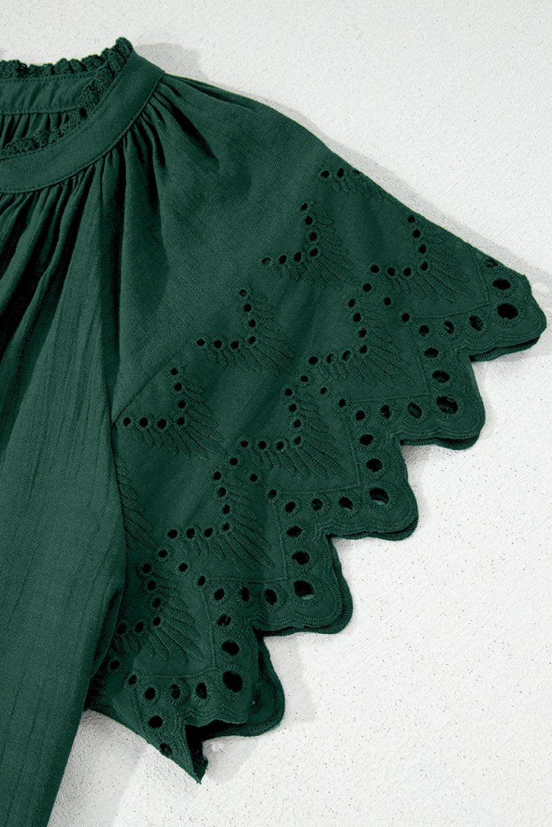 Green Bay Eyelet Embroidered Sleeve Tie V Neck Blouse - Love Salve 