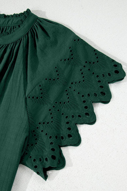 Green Bay Eyelet Embroidered Sleeve Tie V Neck Blouse - Love Salve 