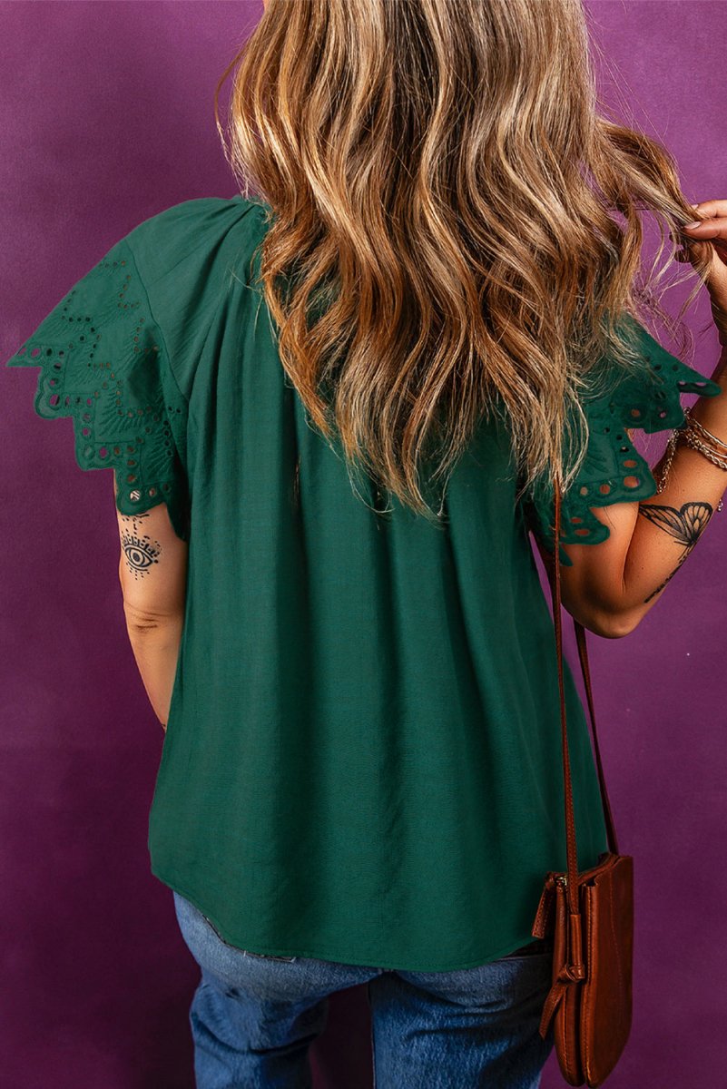 Green Bay Eyelet Embroidered Sleeve Tie V Neck Blouse - Love Salve 