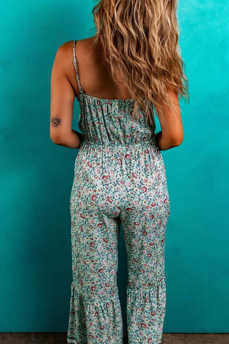 Green Bohemian Floral Ruffle Bottom Spaghetti Strap Jumpsuit - Love Salve 