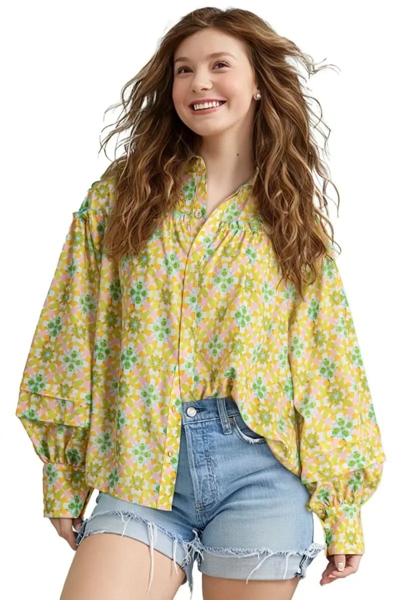 Green Boho Floral Print Frilly Detail Puff Sleeve Shirt - Love Salve 