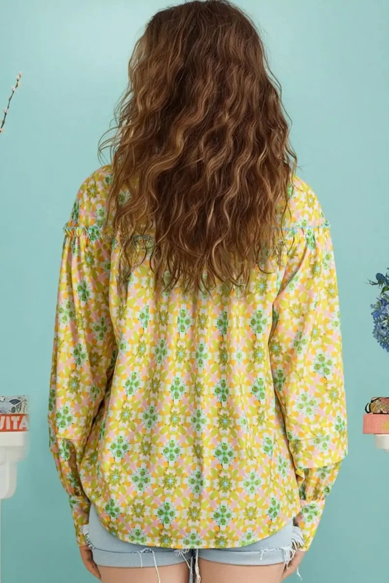 Green Boho Floral Print Frilly Detail Puff Sleeve Shirt - Love Salve 