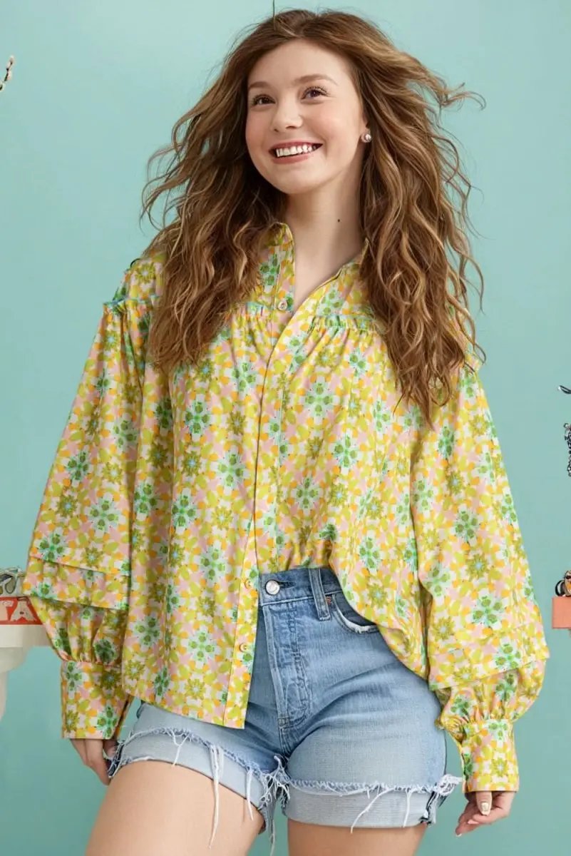Green Boho Floral Print Frilly Detail Puff Sleeve Shirt - Love Salve 