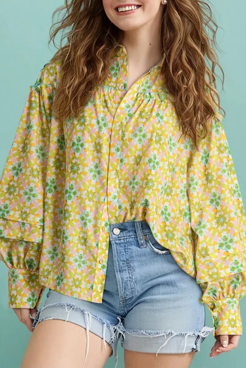 Green Boho Floral Print Frilly Detail Puff Sleeve Shirt - Love Salve 