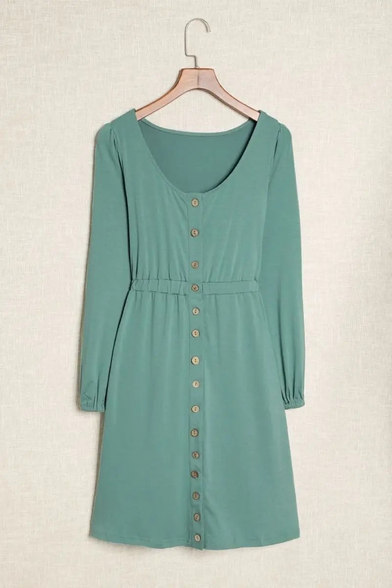 Green Button Up High Waist Long Sleeve Dress - Love Salve 