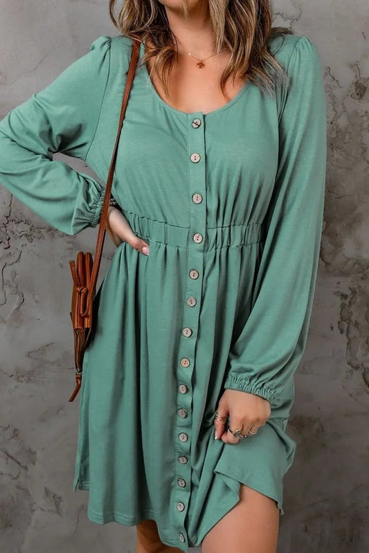 Green Button Up High Waist Long Sleeve Dress - Love Salve 