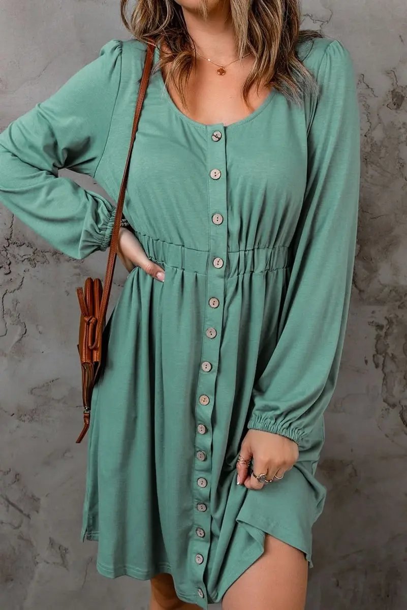 Green Button Up High Waist Long Sleeve Dress - Love Salve 