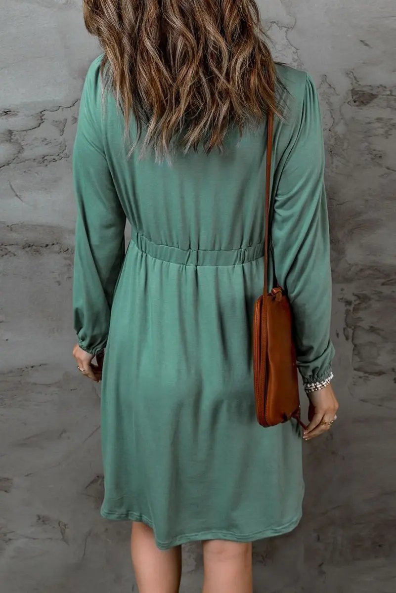 Green Button Up High Waist Long Sleeve Dress - Love Salve 