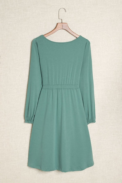 Green Button Up High Waist Long Sleeve Dress - Love Salve 