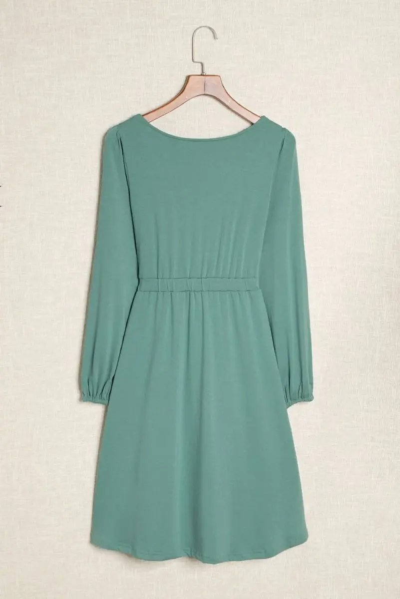 Green Button Up High Waist Long Sleeve Dress - Love Salve 