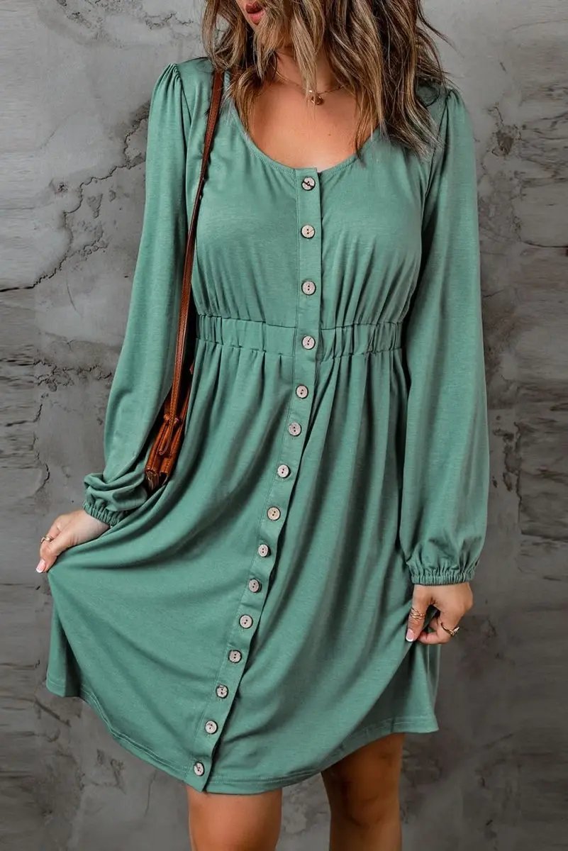 Green Button Up High Waist Long Sleeve Dress - Love Salve 