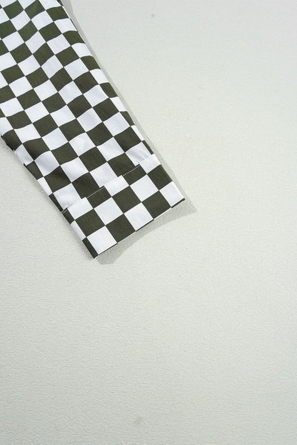 Green Checkerboard Printed Drop Shoulder Loose Casual Shirt - Love Salve
