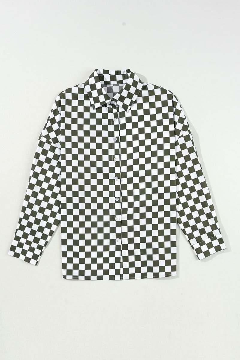 Green Checkerboard Printed Drop Shoulder Loose Casual Shirt - Love Salve