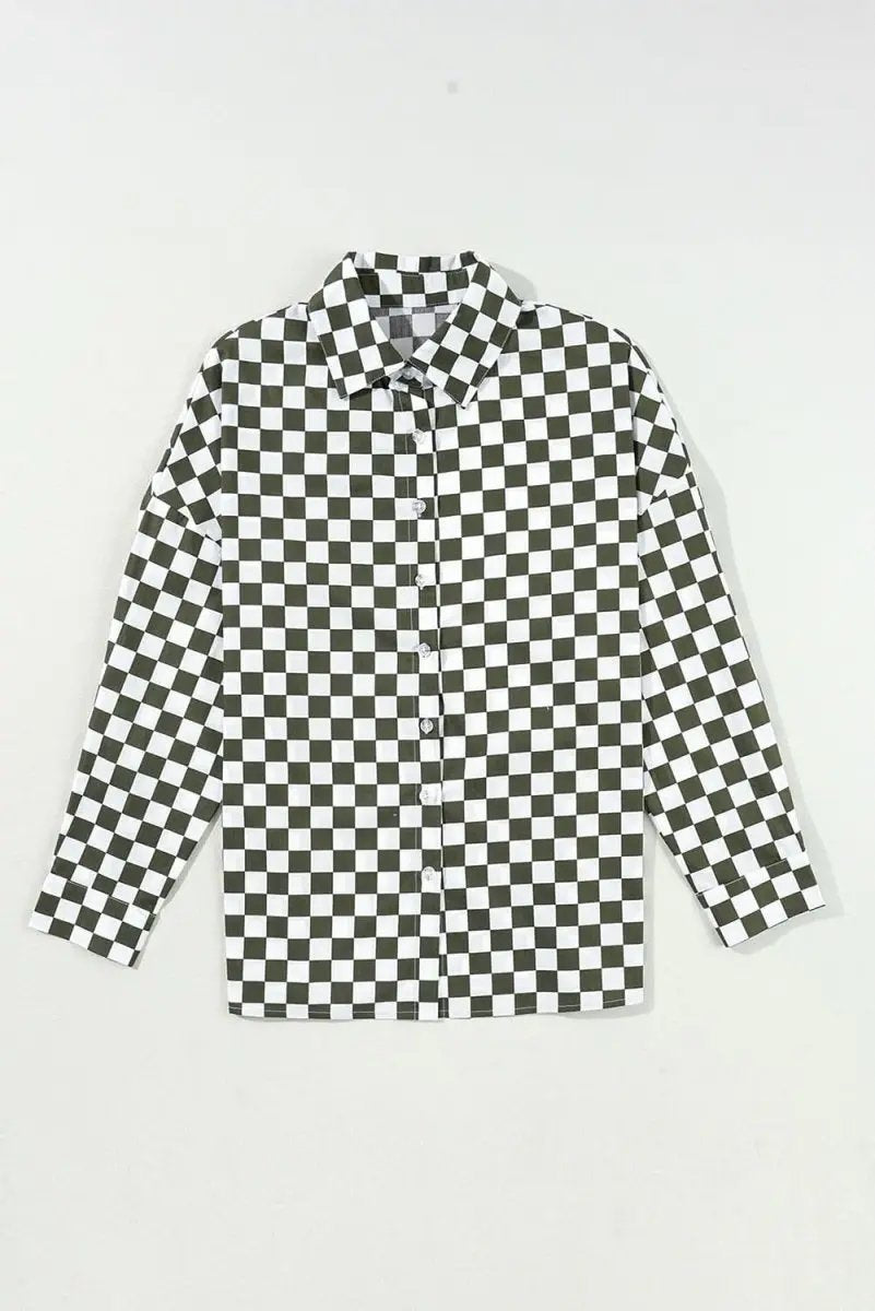 Green Checkerboard Printed Drop Shoulder Loose Casual Shirt - Love Salve 