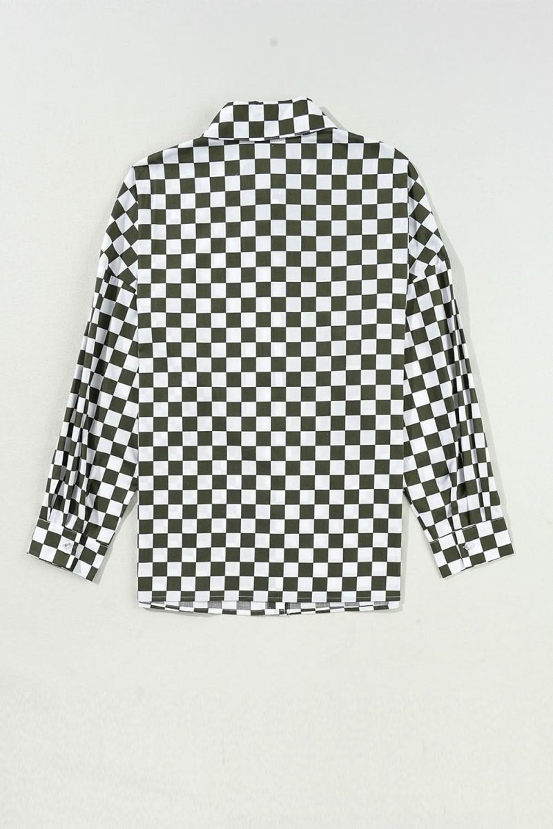 Green Checkerboard Printed Drop Shoulder Loose Casual Shirt - Love Salve